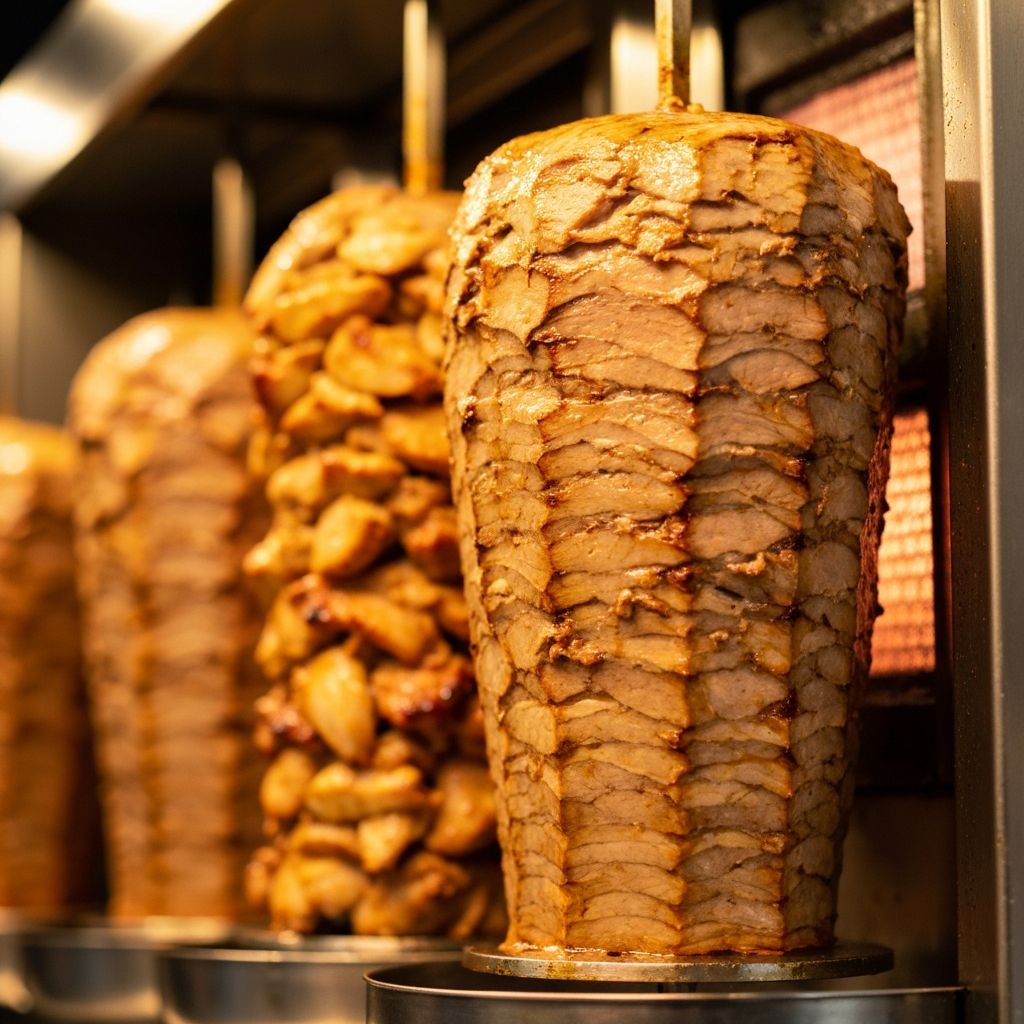 Rotating doner kebab spit with golden-brown seasoned meat