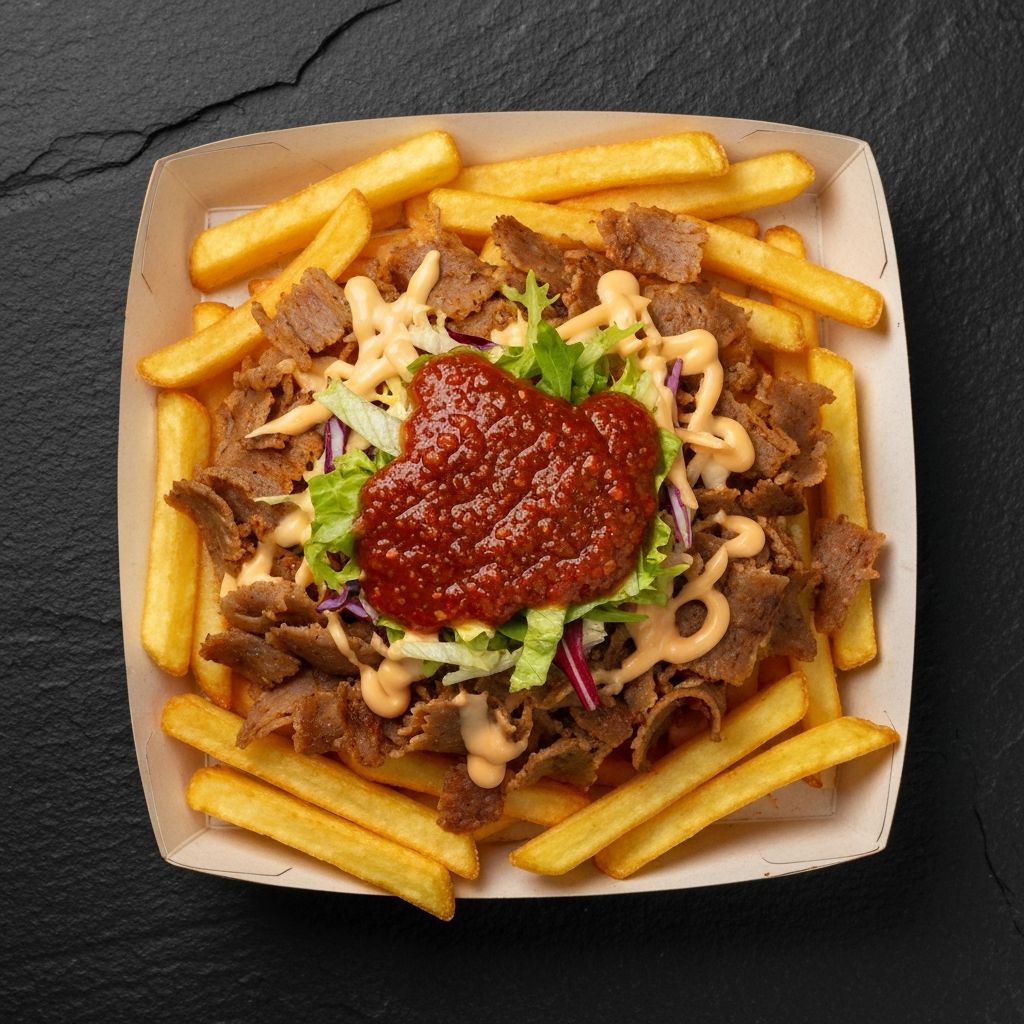 A tray of loaded fries topped with doner kebab meat and fresh garnishes